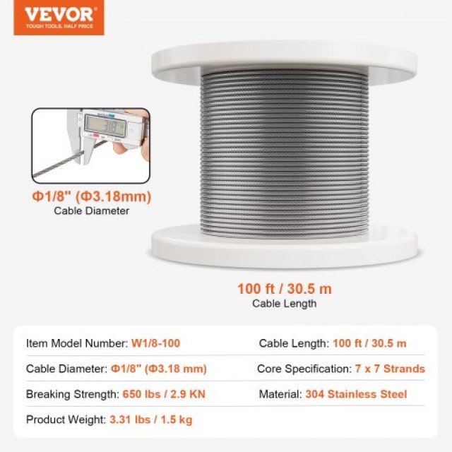 VEVOR  Καλώδιο Ανοξείδωτου Χάλυβα T304 1/8 7x7 100 ft για Κάγκελα PSGSSPS304182HJXJV0