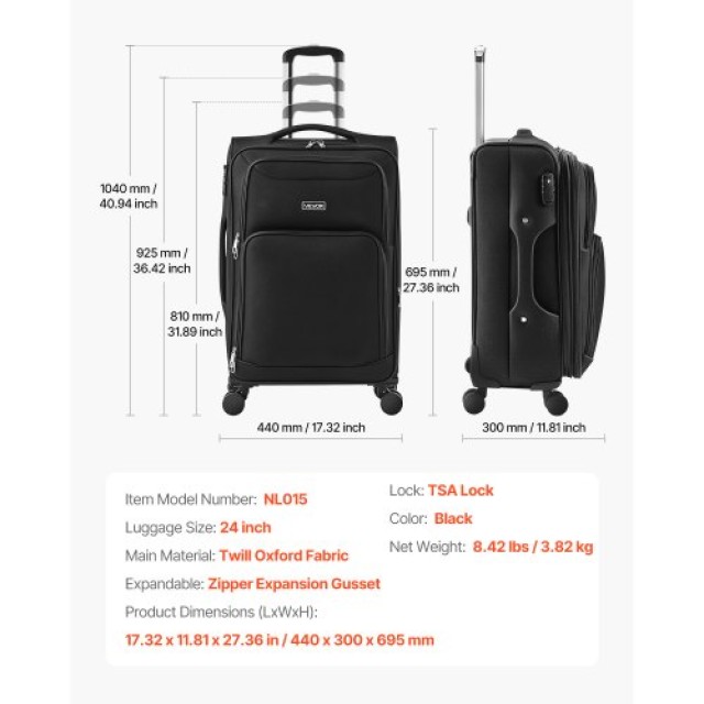 VEVOR 61cm Μαύρη Επεκτάσιμη Βαλίτσα με Ρόδες Spinner BYKSTXBYHS24XM...