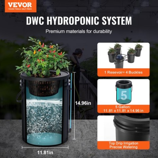 VEVOR RDWC Υδροπονικό Σύστημα Κυκλοφοριακής Καλλιέργειας 4 Κάδοι 5 Γαλόνια  SSSPXT41T8INE1FIBV2