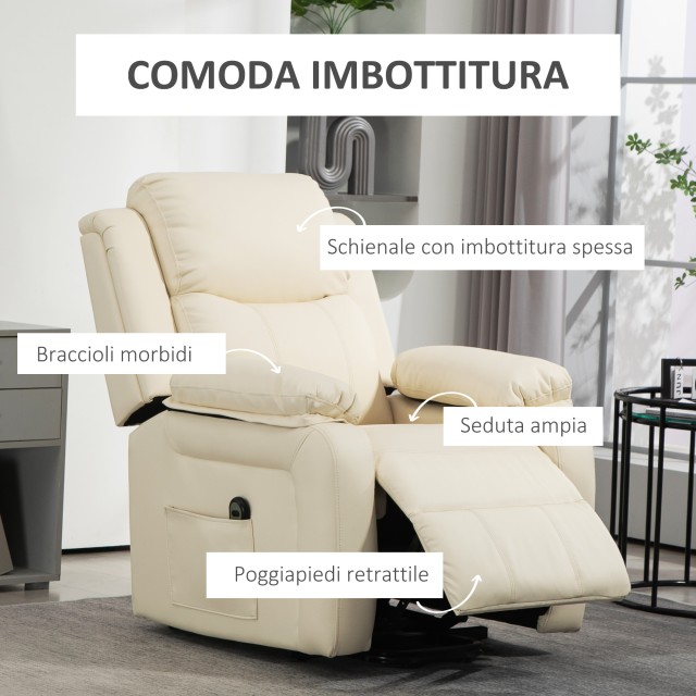 HOMCOM  Πολυθρόνα Ανυψωτική Ανακλινόμενη έως 160° με Υποπόδιο και Τηλεχειριστήριο, από Δέρμα PU και Ατσάλι, 76x90x105 εκ., Κρέμα  713-092V90CW