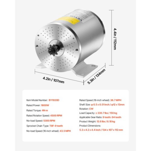 VEVOR Σετ Ηλεκτρικού Κινητήρα Χωρίς Ψήκτρες 1800W 48V 4500rpm με Ρυ...
