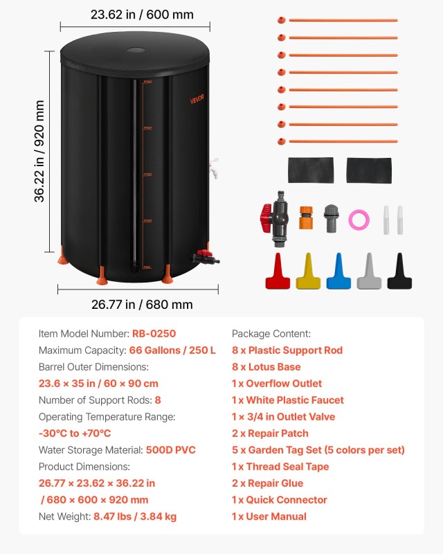 VEVOR  Πτυσσόμενη Δεξαμενή Συλλογής Βρόχινου Νερού, 250L, Μαύρη PVC... VEVOR  Πτυσσόμενη Δεξαμενή Συλλογής Βρόχινου Νερού, 250L, Μαύρη PVC...