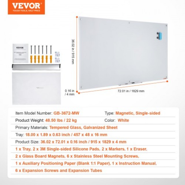 Μαγνητικός Πίνακας Γυαλιού VEVOR 72x36, Τοίχου, Λευκός  CXGCBLBGHBL7KFTA9V0