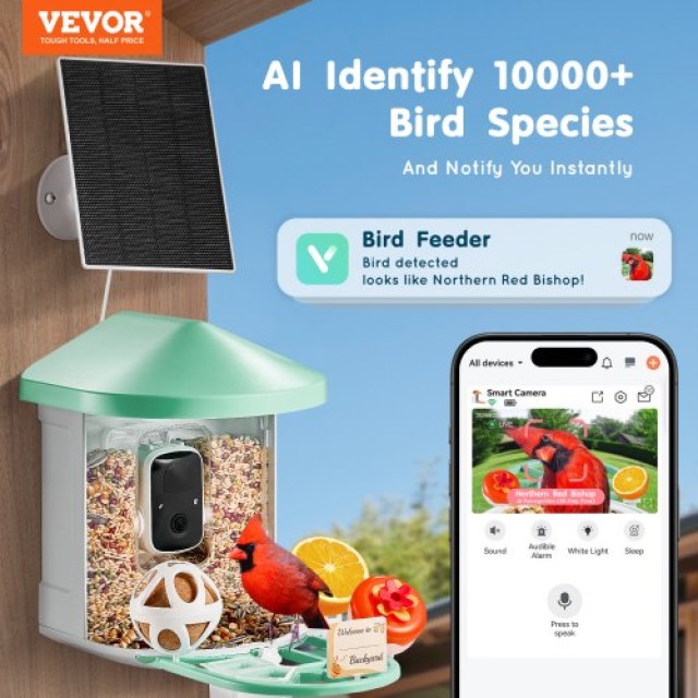 VEVOR Έξυπνη Ταΐστρα Πουλιών με Κάμερα 2K HD και AI Αναγνώριση Ειδώ...