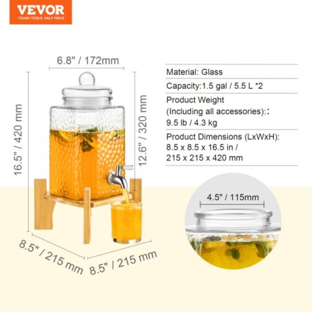 VEVOR  Γυάλινος Διανεμητής Ποτών 5.7 Λίτρων με Βάση για Πάρτι YLFPQ...
