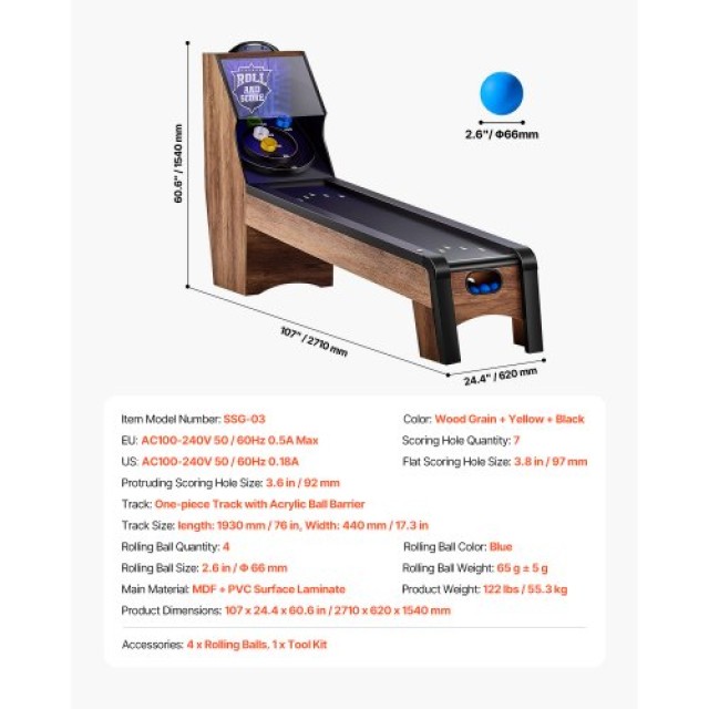 VEVOR 9 ft Τραπέζι Arcade Roll & Score με Ηλεκτρονικό Σκορ και 4 Μπάλες GDQJCGK9YC004E9Y1V2