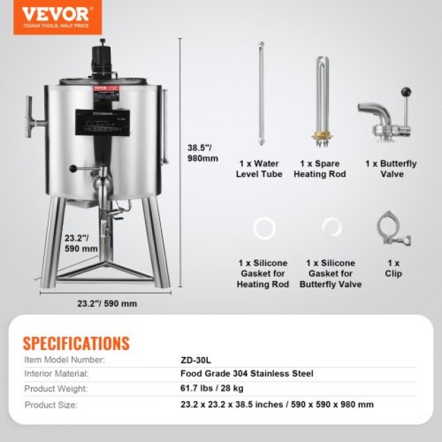 VEVOR Εμπορικό Μηχάνημα Παστερίωσης 30L Παστεριωτής για Αποστείρωση Γάλακτος LDSBSSJJ30LYIGRSCV7