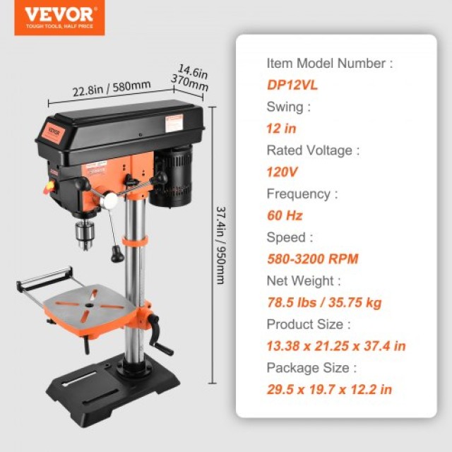 VEVOR Επιτραπέζιο Δράπανο 304.8mm 750W 440-2580RPM  TSZCBS50A12MIPNMTV2
