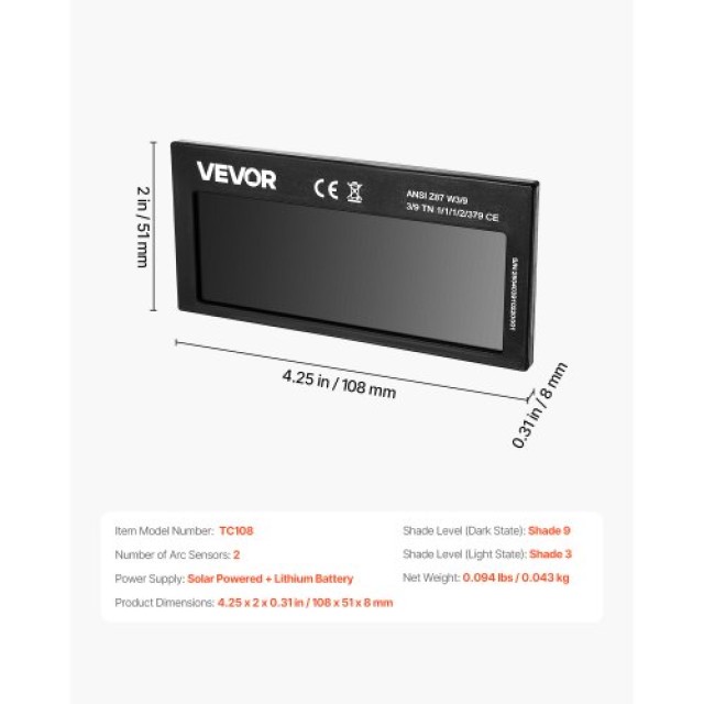VEVOR Αυτοσκοτεινόμενος Φακός Συγκόλλησης 108 x 51 mm, Απόχρωση 9 T...