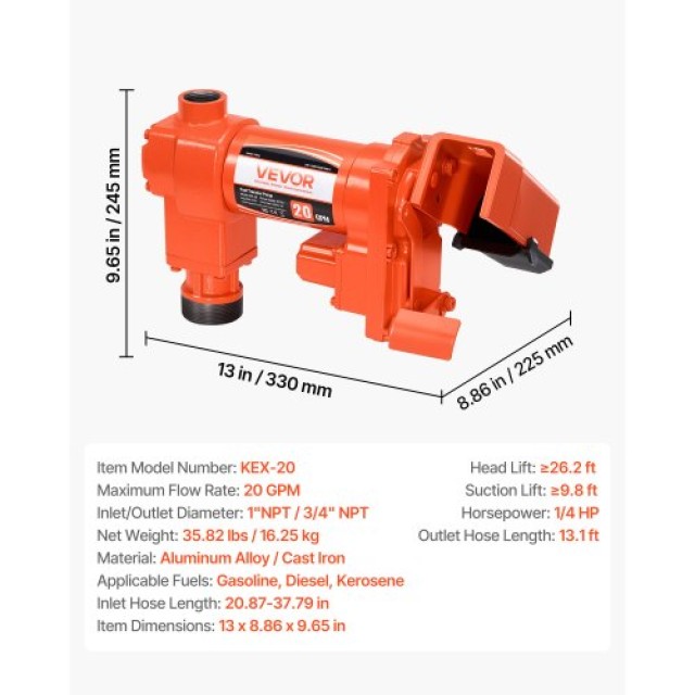 VEVOR Αντλία Μεταφοράς Καυσίμων 12V DC 20 GPM με Σωλήνα & Ακροφύσιο...