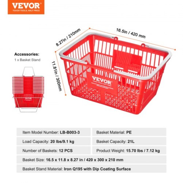 Φορητό Καλάθι Αγορών VEVOR 21L με Χερούλι & Βάση Κόκκινο (12 τεμ.)  GXSBSSLGWLHS9NBQOV0