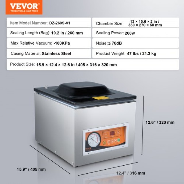 VEVOR Θάλαμος Συσκευασίας Κενού, 260W, για Υγρά Τρόφιμα & Κρέατα, 1...
