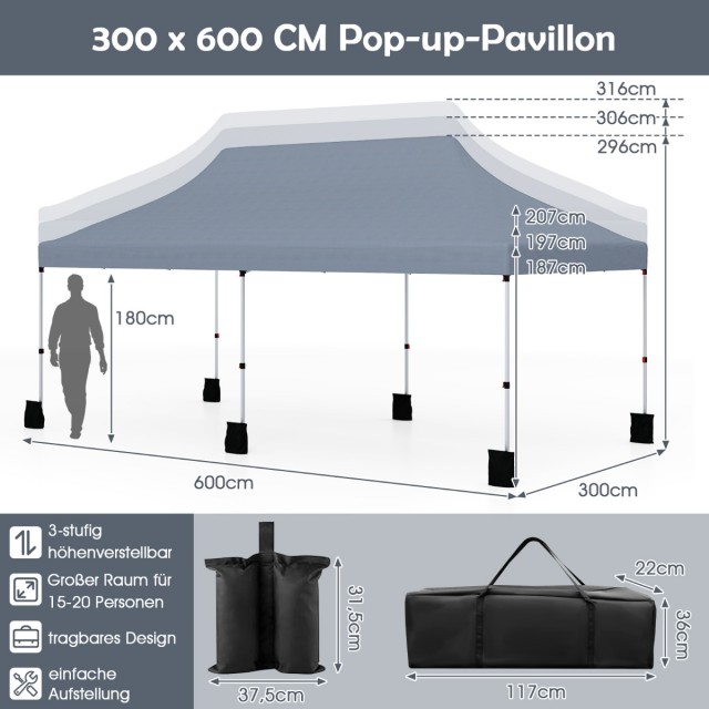 Costway Γκρι Πτυσσόμενο Σκηνικό Pop-up 300 x 600 cm με Τσάντα Μεταφ...