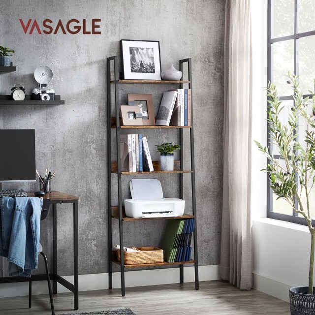 VASAGLE 5 Επιπέδων Ράφι Σκάλας - Βιομηχανική Βιβλιοθήκη Vintage με Μεταλλικό Πλαίσιο, Στενό Ανοιχτό Ράφι Ρουστίκ Καφέ-Μαύρο,56 x 34 x 172.5 cm,LLS067B01 