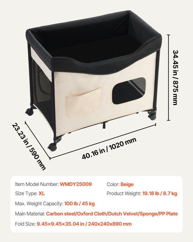VEVOR Πτυσσόμενο Κρεβάτι Κατοικιδίων XL με Ρόδες & Πλευρικές Τσέπες...