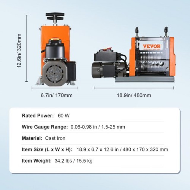 Αυτόματη Μηχανή Απογύμνωσης Καλωδίων VEVOR, 60W, 6 Στρογγυλά & 1 Επίπεδο Κανάλι  BXJL60W1525MM4XMQV2