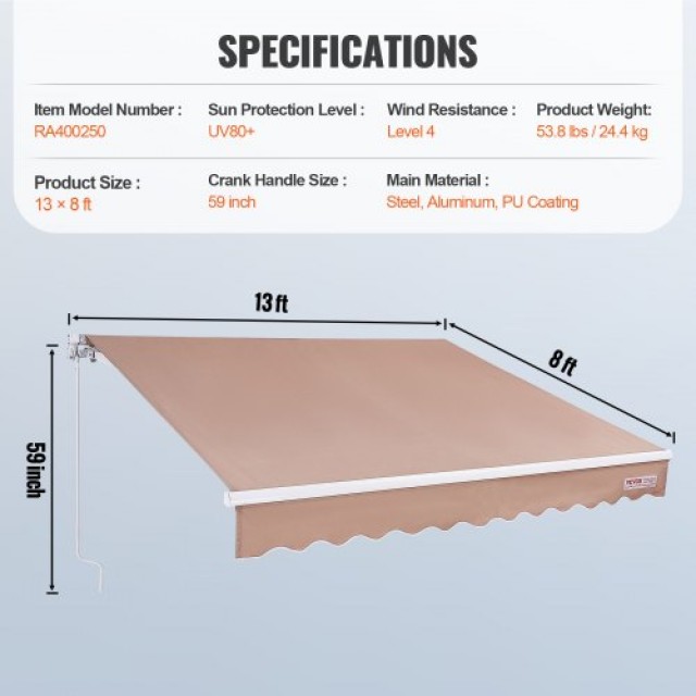 VEVOR Χειροκίνητη Αναδιπλούμενη Τέντα, 13 x 8 ft, Αδιάβροχη Πολυεστερική Τέντα με Μανιβέλα για Αυλή/Μπαλκόνι  SSSZYPKQSQBSR0WE6V0
