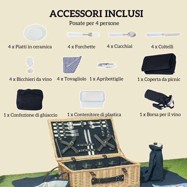 Outsunny Καλάθι Πικνίκ για 4 Άτομα με Ψυγείο και Αξεσουάρ, από Λυγα...