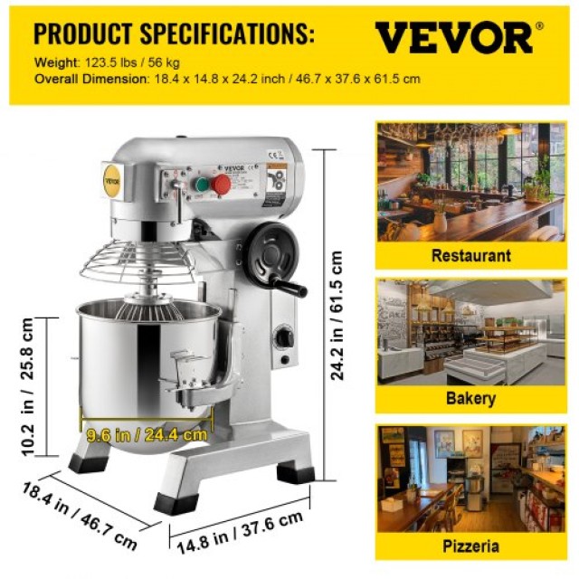 Επαγγελματικό Μίξερ VEVOR 10Qt, 850W με 3 Ταχύτητες, Ιδανικό για Αρτοποιεία & Πιτσαρίες  DDSYJ10QT220V0MKDV2