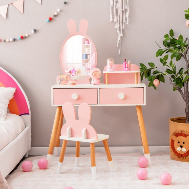 Costway  Σετ Μακιγιάζ σε Σχήμα Λαγού για Παιδιά με Ακρυλικό Καθρέφτ...