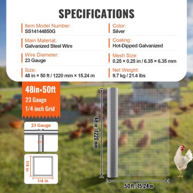 VEVOR Πλέγμα 1/4 48in x 50ft 23 Ga Συρματόπλεγμα για Κοτέτσια  DXGSWL48IN50W2KWSV0