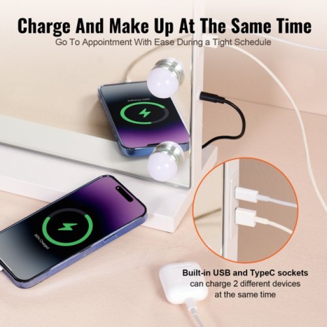 VEVOR  Καθρέφτης Μακιγιάζ Hollywood με Φώτα & USB-C 23.6 Επιτραπέζι...