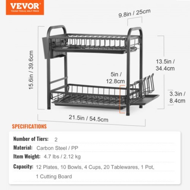 VEVOR Διπλό Στεγνωτήριο Πιάτων Ανθεκτικό με Αποστραγγιστήρα και Θήκ...