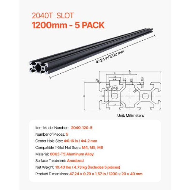 VEVOR 5 Τεμάχια 47.2 ιντσών (1200 mm) T Slot 2040 Ανοδιωμένη Αλουμινένια Ράγα 2040OBLXCDG5PC6JT001V0
