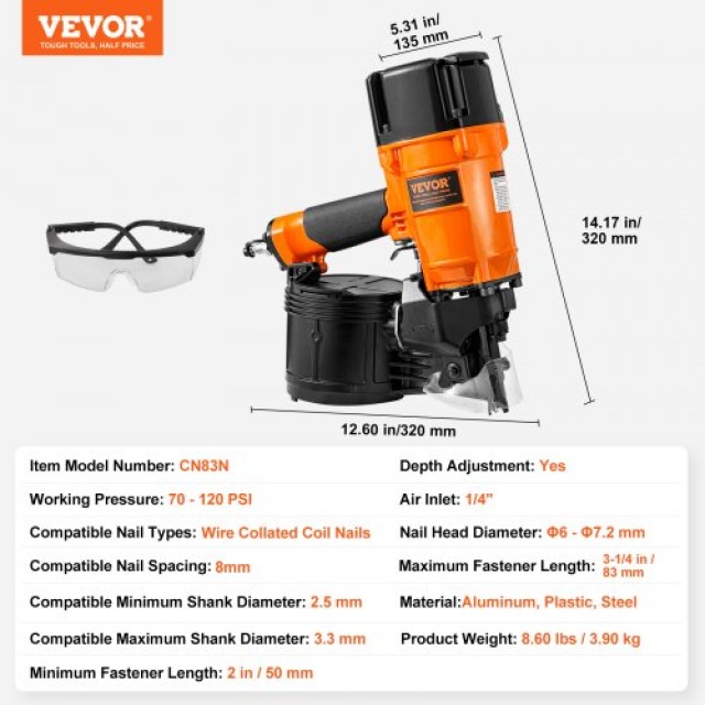 VEVOR CN83N Πνευματικό Καρφωτικό Συσκευής 15° για Καρφιά 2 έως 3-1/4  QDJPDQ83OS00I6GBQV0