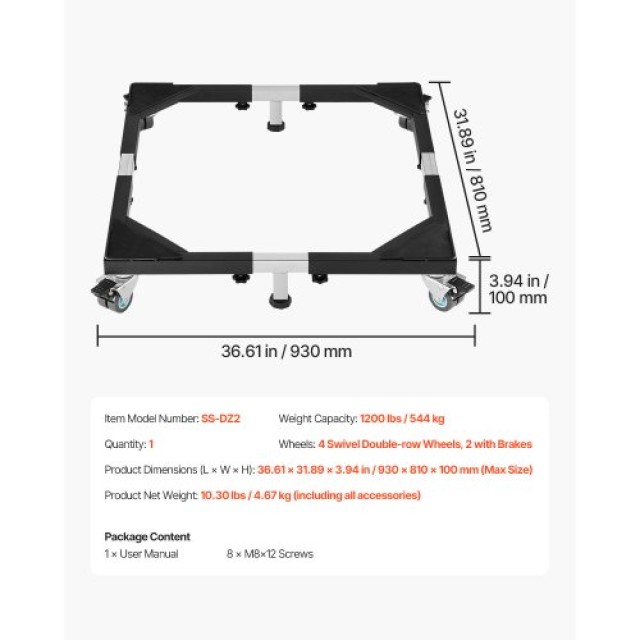 VEVOR Ρυθμιζόμενη Βάση Ψυγείου 1200 lbs 23-36.6 Ίντσες Κινητή Έπιπλο Ντόλι JJBYTCSJG233A4YR7V0