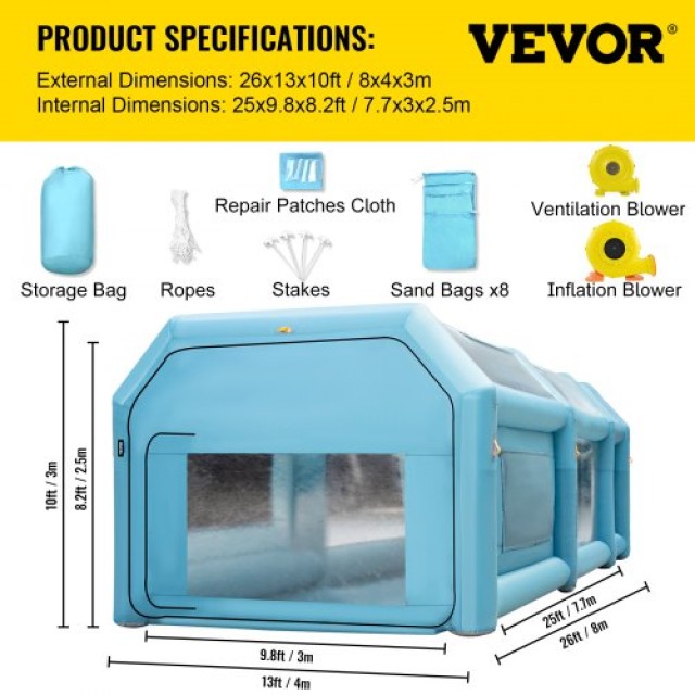 Φορητή Φουσκωτή Καμπίνα Βαφής VEVOR 26x15x10ft με Φίλτρο Αέρα & 2 Φυσητήρες  CQZPNJB8M220V3LOGV2