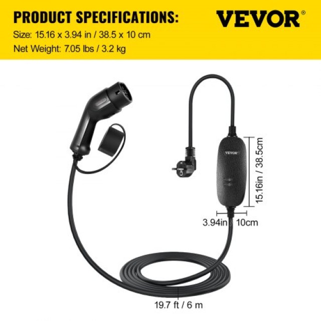 Φορητός Φορτιστής EV VEVOR, Τύπος 2, 10A, 6μ Καλώδιο, UK Πρίζα, IP66, 3kW, CE  LX223KW6M220VDQSQV2