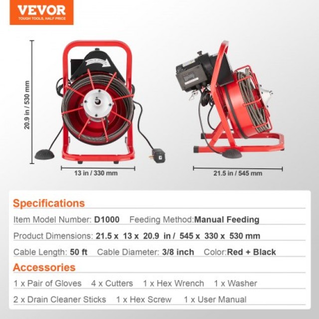 VEVOR Μηχανή Καθαρισμού Αποχέτευσης 50FT x 3/8 Χειροκίνητη & 4 Κόφτες  SDJJKLSGDSTJVQGHEV2