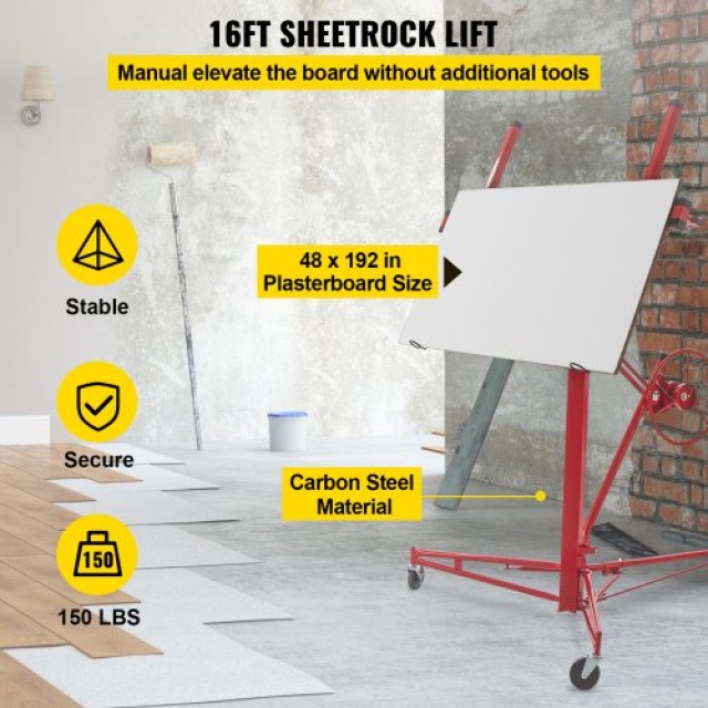 VEVOR Ανυψωτικό Γυψοσανίδας 16ft, 150lb, Τηλεσκοπικός Βραχίονας & 3 Τροχοί  SGBSJJHSB16FTDLQLV0