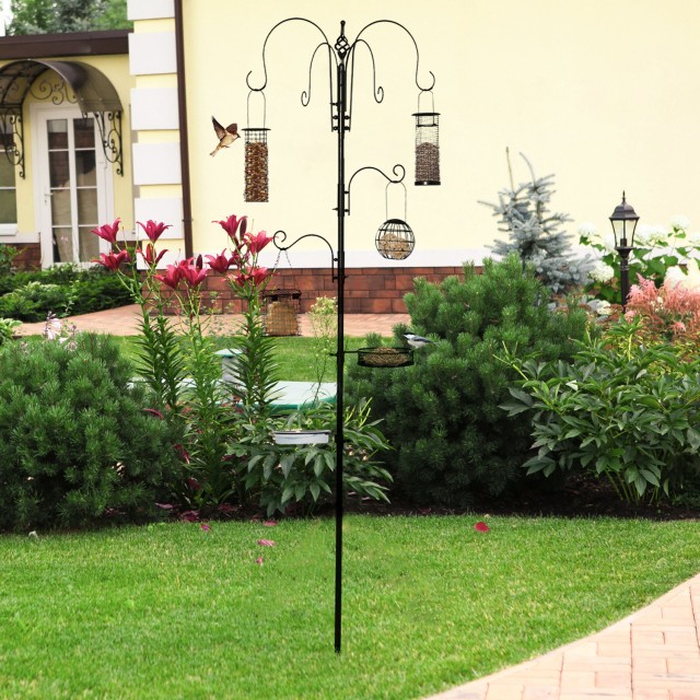 PawHut Bird Feeder με 6 γάντζους και 4 ατσάλινα δοχεία φαγητού, 58x58x226 cm D11-006BK