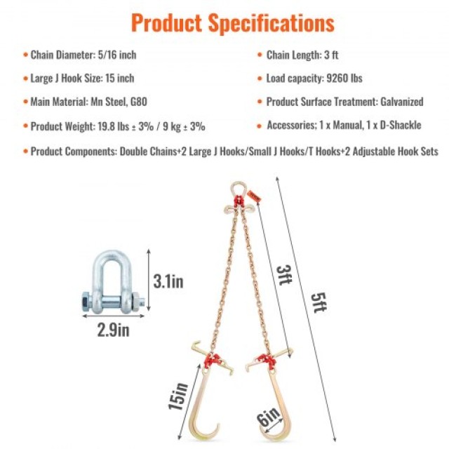 Αλυσίδα VEVOR V-Chain Bridle 9620 lbs με Γάντζους RTJ, Πιστοποιημένη DOT  GTLMGDXJZYCZD1MNHV0