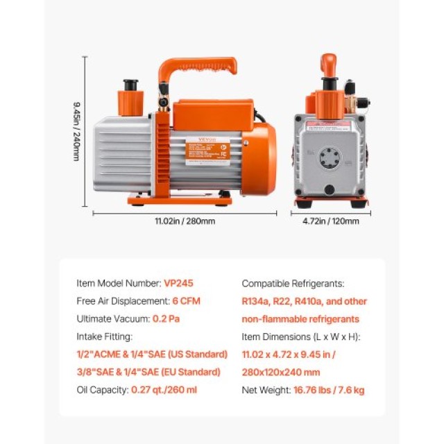 VEVOR Αντλία Κενού 6 CFM HVAC Διπλού Σταδίου Περιστροφικού Πτερυγίου με Συμπεριλαμβανόμενο Λάδι ZKBLJSJ12HP6J1GD6V2
