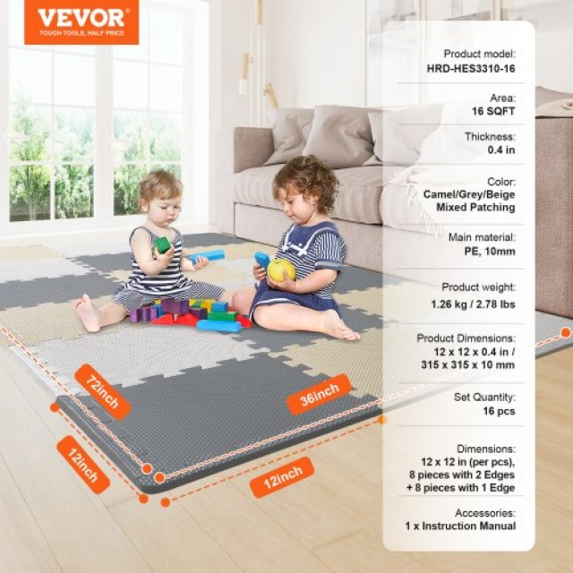VEVOR  Παιδικό Αφρώδες Παζλ Δαπέδου 16 Τμχ Εμπλεκόμενα Πλακίδια EVA...