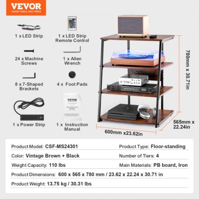 VEVOR 4-Επίπεδο AV Σταντ με Ράφια & LED για Γωνιακή Τηλεόραση  YPSBFZJLDS4CWHSO6V2