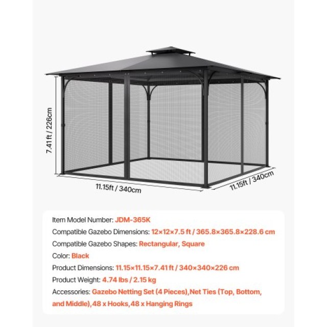 VEVOR Αντικατάσταση Δικτύου Κιόσκι 12x12x7.5 ft Πατιό LTWZDL12FT12G6AC0V0