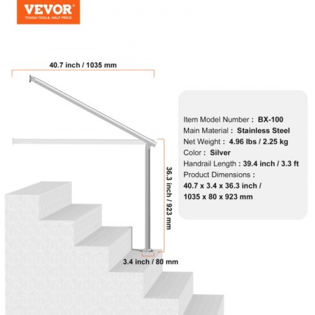 VEVOR  Κουπαστές Ανοξείδωτες 100cm για Εξωτερικά Σκαλοπάτια 39.4in BXGDLZFS100CGRQ1IV0