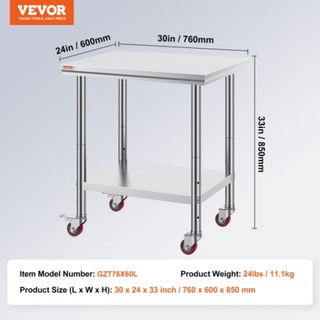 Τραπέζι Εργασίας Ανοξείδωτο VEVOR 30x24 με Ρόδες για Κουζίνα  SYGZT30X24INDJL01V0