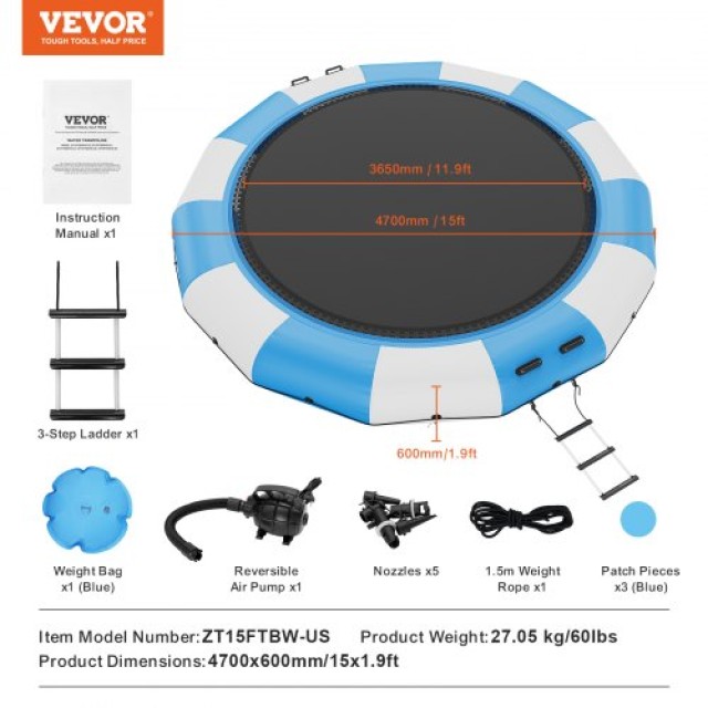 VEVOR Φουσκωτό Τραμπολίνο Νερού 15ft για Πισίνα/Λίμνη BTKSSBCLBS15C7ST6V2