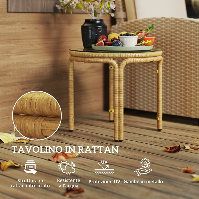 Outsunny Στρογγυλό Τραπέζι Κήπου Rattan & Γυαλί, Ø50x44 εκ, Κίτρινο Boho Chic 867-280V00YL