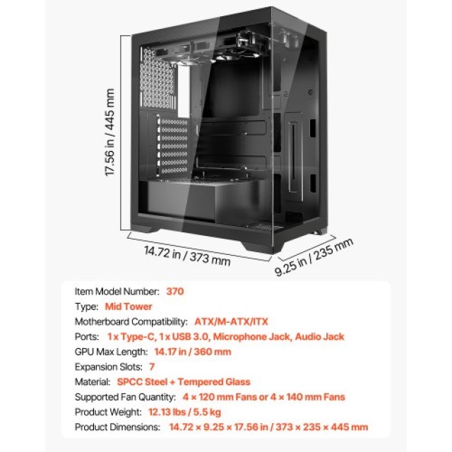 VEVOR Κουτί Υπολογιστή Mid-Tower με 2 x 120 mm Ανεμιστήρες για ATX Μητρική Πλακέτα DNJXZT120MMBHRVR6001V9