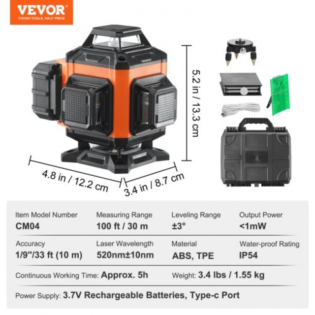 VEVOR Πράσινο Αλφάδι Λέιζερ 100ft Αυτοεπιπεδούμενο Υψηλής Ακρίβειας  XJGSPY100FT16GSIAV9