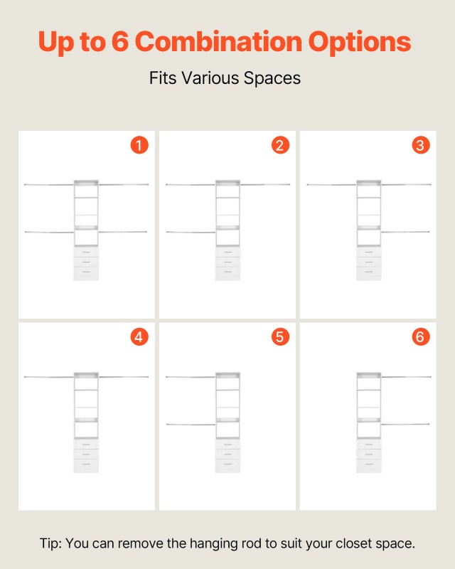 VEVOR Προσαρμόσιμο Σύστημα Ντουλάπας με 3 Συρτάρια, Λευκό, Διαστάσε...