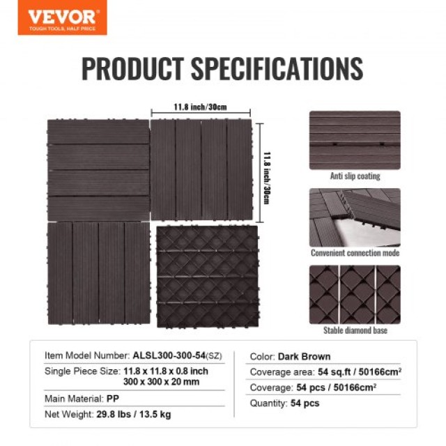 VEVOR  Σετ 54 Αδιάβροχων Πλακιδίων Δαπέδου 12x12 για Βεράντα Σκούρο...