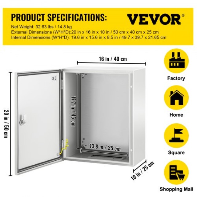 VEVOR NEMA Χαλύβδινο Κουτί 20x16x10 NEMA 4X, IP66 Αδιάβροχο & Ανθεκτικό στη Σκόνη, Εξωτερικού/Εσωτερικού Χώρου, με Πλάκα Στήριξης  DQXJSTCFS50X40X25V0