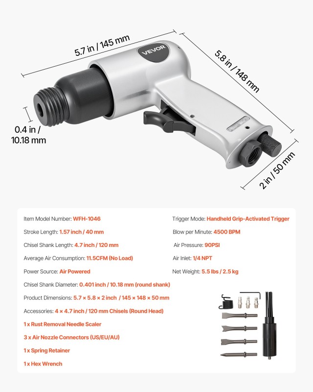 VEVOR Πνευματικό Σφυρί Air Hammer 4500 BPM με Needle Scaler & 4 Καλ...